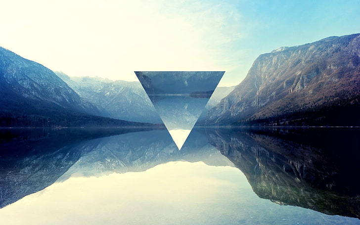 body of water and mountains, triangle, polyscape, mountains, lake, reflection, nature, digital art, HD wallpaper
