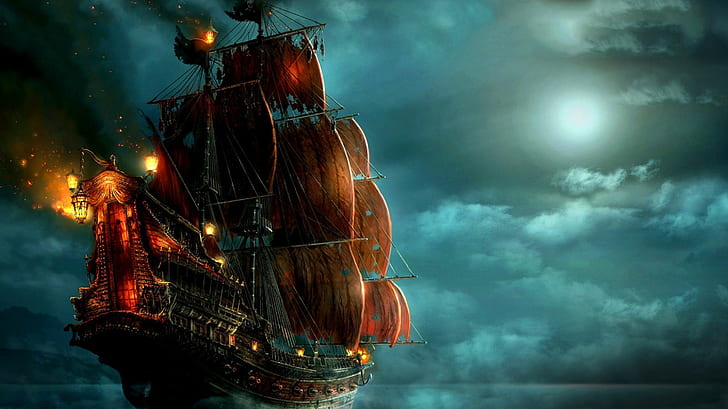 sailing ship, fantasy art, ship, artwork, pirates, lantern, ghost ship, HD wallpaper