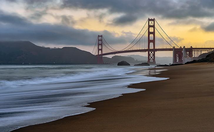 Сан Франциско, САЩ, мост Golden Gate, мост, Тихи океан, море, небе, облаци, плаж, пейзаж, HD тапет