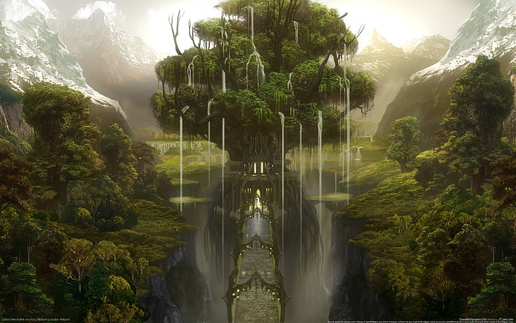 green tree illustration, forest, mountains, bridge, castle, tree, gorge, HD wallpaper