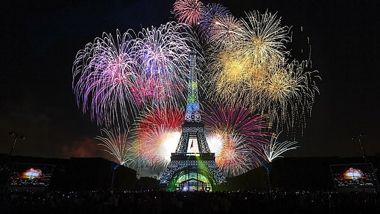 paris, eiffel tower, fireworks, tower, night, night life, city, europe, festival, event, tourist attraction, france, public event, sky, new year, HD wallpaper HD wallpaper