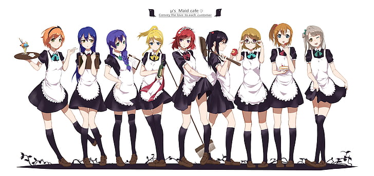Love Live !, anime girls, Nishikino Maki, Sonoda Umi, Ayase Eli, Yazawa Nico, Kousaka Honoka, Minami Kotori, Toujou Nozomi, Hoshizora Rin, Koizumi Hanayo, maid, Fond d'écran HD