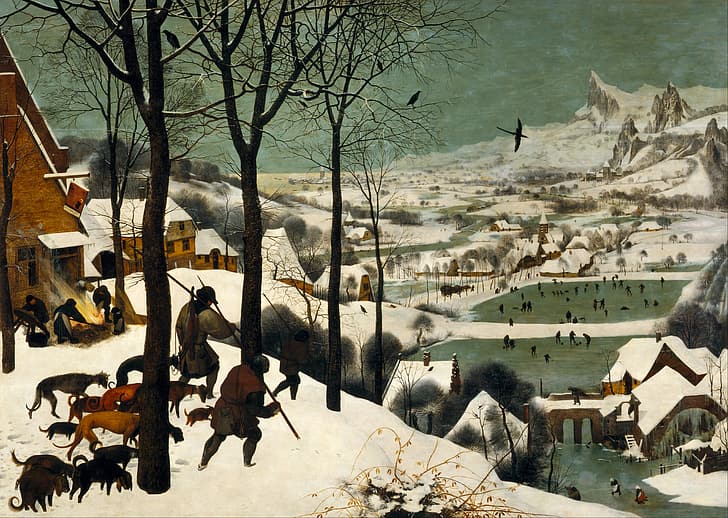Pieter Bruegel, obraz olejny, malarstwo, grafika, myśliwy, pies, krajobraz, śnieg, drzewa, króliki, ludzie, wieś, Tapety HD