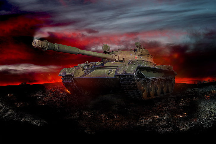 grüner Panzer, Nacht, Kunst, Panzer, Glut, Schlachtfeld, Sowjet, Durchschnitt, World of Tanks, THE T-62A, HD-Hintergrundbild