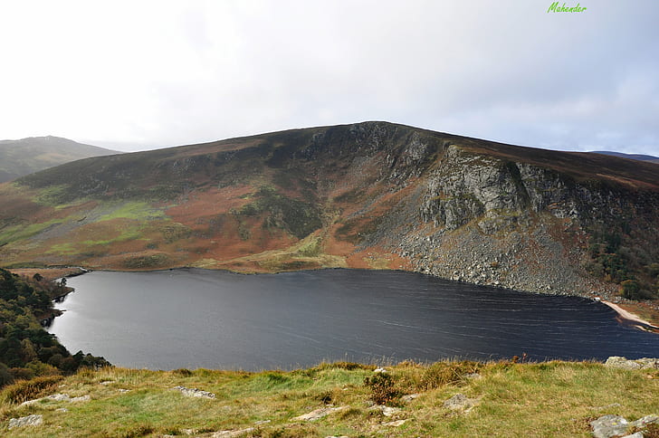 aerial photography of green mountain with lake, wicklow mountains, wicklow mountains, Guinness, lake, Wicklow mountains, aerial photography, green mountain, d90, dublin, ireland, autumn, water, mix, nature, landscape, beer, dark, bogs, attraction, tourist, Watermarked, mountain, volcano, scenics, HD wallpaper
