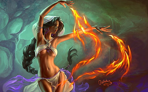 жени огън фентъзи изкуство изкуство магьосник 1680x1050 Абстрактно фентъзи HD изкуство, огън, жени, HD тапет HD wallpaper