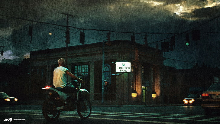 черно-белый мотоцикл, криминал, Райан Гослинг, The Place Beyond the Pines, мотоцикл, ночь, HD обои