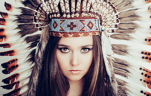 woman wearing white and orange native american headdress, Model, Indian, Lea Carina, HD wallpaper HD wallpaper