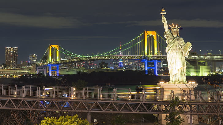 Остров Одайба в Токио, Япония. Радужный мост. Копии статуи Свободы Ultra Hd. Обои для рабочего стола для компьютеров. Планшет для ноутбука и мобильные телефоны 3840 × 2160, HD обои