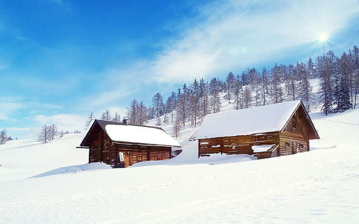 겨울 눈 풍경, 갈색 목조 주택, 자연, 눈, 통나무 집, 겨울, 자연과 풍경, HD 배경 화면