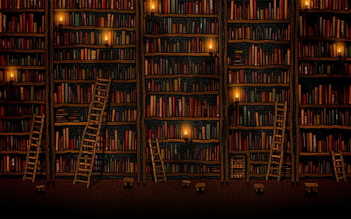 книжная полка с книгами, библиотека, произведения искусства, книги, HD обои HD wallpaper