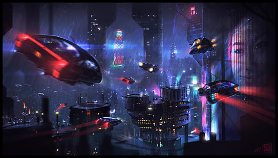 cyberpunk, science fiction, flygbil, natt, stad, regn, stadsbild, neonglöd, futuristisk, röd, ansikte, HD tapet HD wallpaper