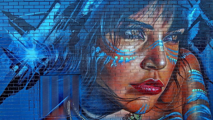 blue, art, graffiti, street art, painting, modern art, urban art, face, woman, artwork, human, visual arts, HD wallpaper