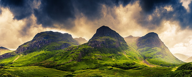 grön kulle, berg, moln, gräs, Skottland, vår, natur, landskap, Storbritannien, HD tapet
