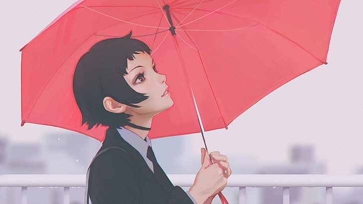 personnage d'anime femme tenant un papier peint parapluie, parapluie, pluie, émotion, Ilya Kuvshinov, Fond d'écran HD