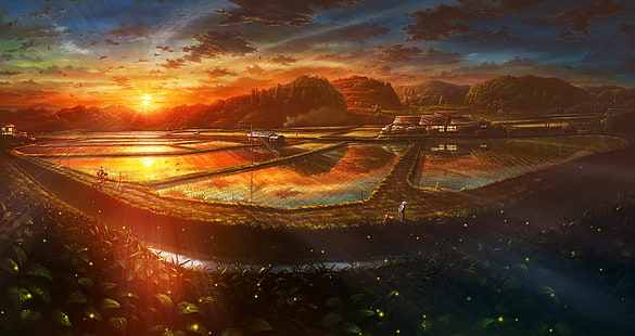 Zachód słońca, gospodarstwo rolne, wieś, krajobraz, Tapety HD HD wallpaper