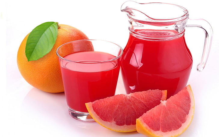 orange juice and fruit, juice, grapefruit, citrus, fruit, slices, pitcher, glass, HD wallpaper