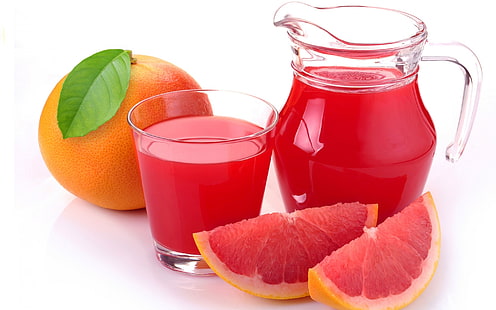 апельсиновый сок и фрукты, сок, грейпфрут, цитрусовые, фрукты, ломтики, кувшин, стакан, HD обои HD wallpaper