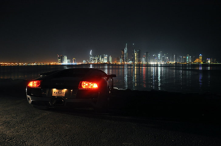 black sports car, night, lights, Lamborghini, Dubai, Murcielago, UAE, view, Supercar, city lights, Murciélago, LP640-4, dimensions, HD wallpaper