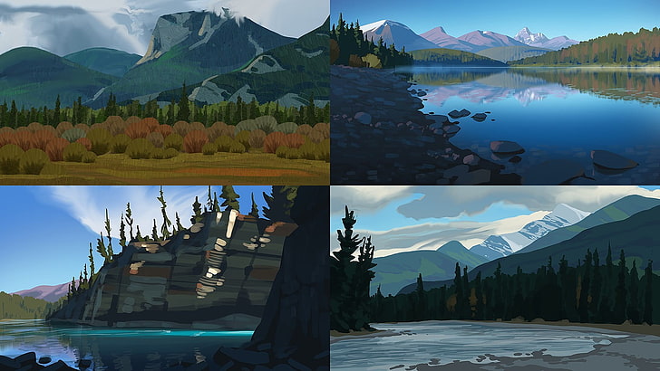 ภาพวาดนามธรรมขาวดำ, ป่า, ภูมิทัศน์, ภาพประกอบ, ภูเขา, ภาพตัดปะ, วอลล์เปเปอร์ HD