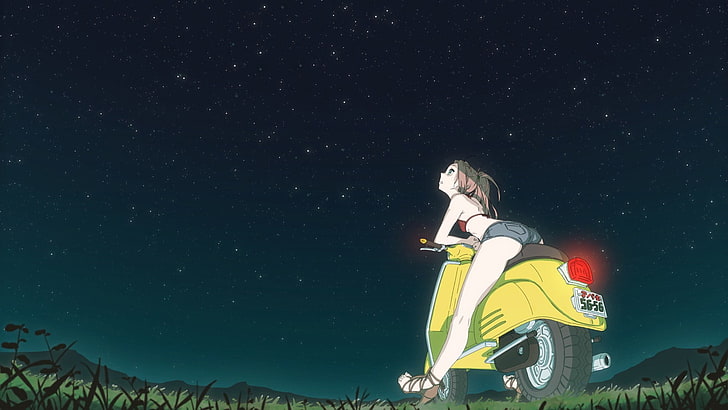 женский персонаж аниме иллюстрации, аниме девушки, звезды, FLCL, Харухара Харуко, скутеры, ночь, космос, Vespa, HD обои