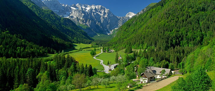 landscape, valley, village, Alps, mountains, HD wallpaper