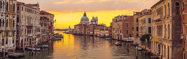solnedgång, stad, staden, Italien, Venedig, kanal, panorama, Europa, vy, stadsbild, resa, kanal, HD tapet