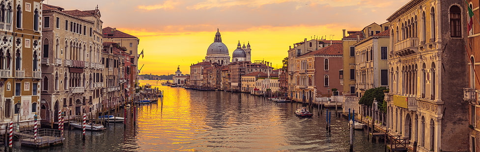zachód słońca, miasto, miasto, Włochy, Wenecja, kanał, panorama, Europa, widok, pejzaż miejski, podróż, kanał, Tapety HD HD wallpaper