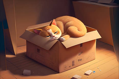 gatos, quarto, Cardboard box, caixa, obra de arte, AI art, dormindo, arte digital, HD papel de parede HD wallpaper