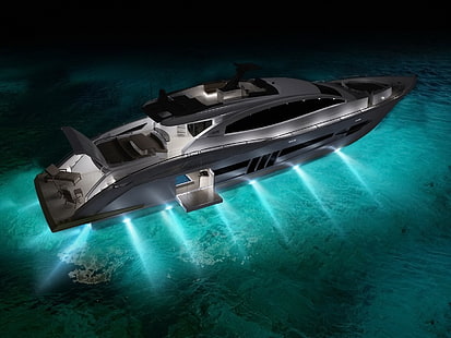 yacht bianco e nero, yacht, 3D, render, veicolo, barca, Sfondo HD HD wallpaper