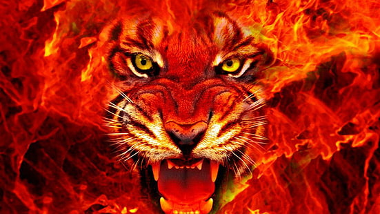 Feuerkönig, rote Tigerfeuerillustration, Tiger, große Katzen, Natur, wild lebende Tiere, Löwe, kleine Katzen, Tiere, Fantasie, Feuer, HD-Hintergrundbild HD wallpaper
