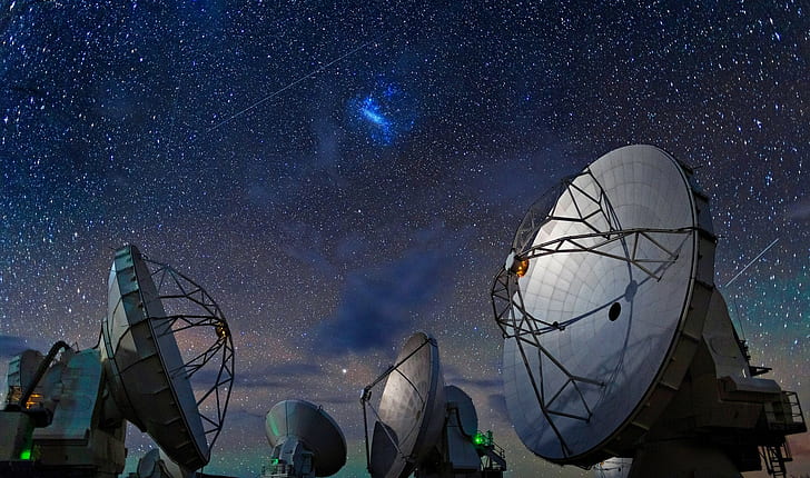 Обсерватория ALMA, Чили, Космос, Звездная ночь, Пустыня Атакама, Технология, Галактика, Пейзаж, Серый участок спутниковой станции, Обсерватория Альма, Чили, Космос, Звездная ночь, Пустыня Атакама, Технология, Галактика, Пейзаж, HD обои