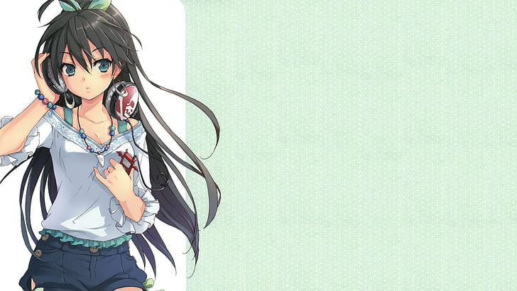 Anime, Anime Girls, schwarze Haare, lange Haare, Haarschmuck, Kopfhörer, HD-Hintergrundbild