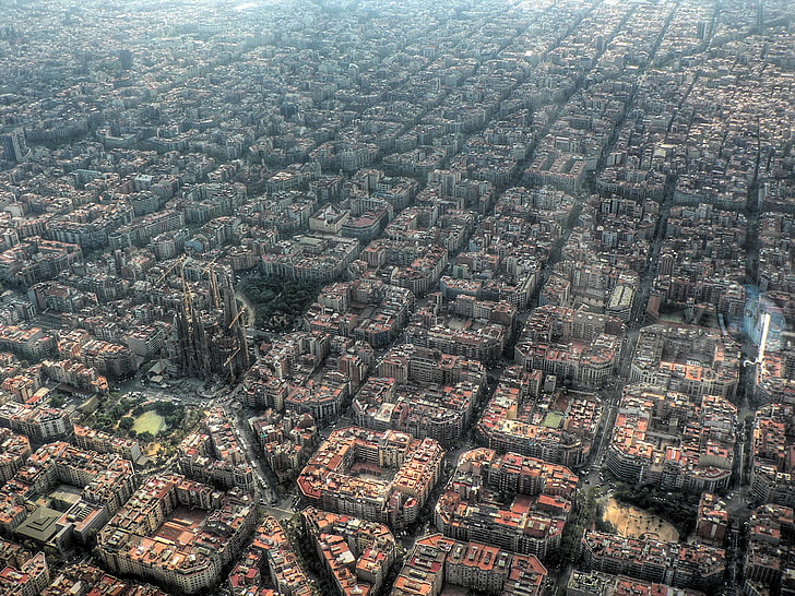 areal view of city, aerial photo of city, Barcelona, city, aerial view, church, building, Spain, cityscape, HD wallpaper