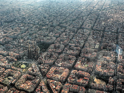 Ареал вид города, аэрофотосъемка города, Барселона, город, вид с воздуха, церковь, здание, Испания, городской пейзаж, HD обои HD wallpaper