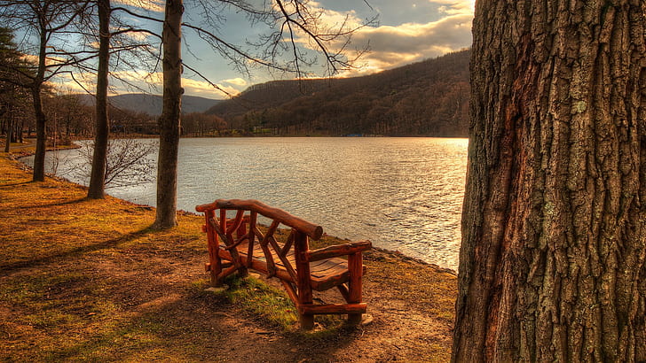 Lakeside, Bench, Lake, Nature, Photography, brown wooden bench, lakeside, bench, lake, nature, HD wallpaper