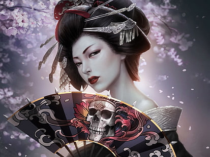 Fantaisie fille japonaise, geisha, kimono, fan de papier, crâne, Fantasy, japonais, fille, Geisha, Kimono, papier, ventilateur, crâne, Fond d'écran HD HD wallpaper