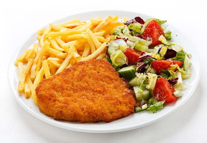 vegetable salad and fried potatoes, burger, fries, salad, plate, HD wallpaper