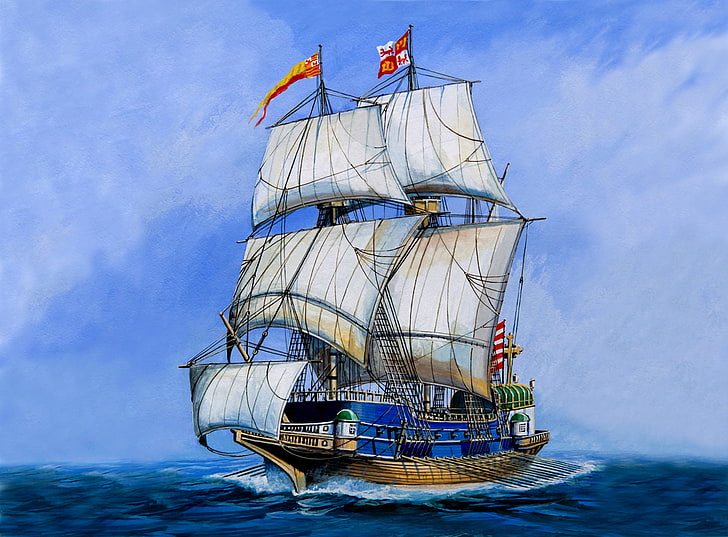 brown and white galleon ship sailing the ocean illustration, art, Navy, transportation, the distance, products, nickname, goods, East, ships, far, values, Spanish, Golden., exported, similar, valuable, Golden Galleon, heavily armed, Spain, HD wallpaper