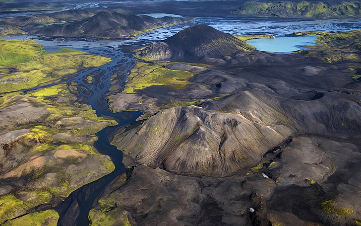 brown and black wooden table, nature, landscape, mountains, summer, river, Iceland, aerial view, HD wallpaper
