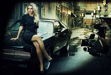 فستان أسود نسائي ، وقفة ، فتاة ، أرجل ، سيارة ، بريتني سبيرز ، ملعب ، بريتنر سبيرز، خلفية HD HD wallpaper