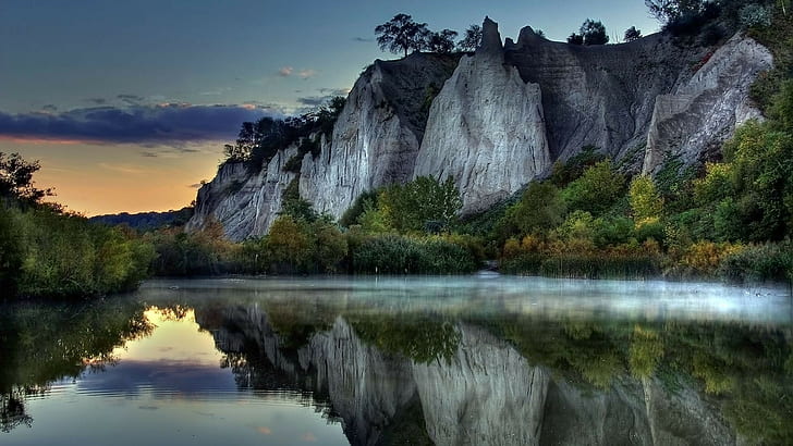 nature, reflection, lake, landscape, photography, mountains, sunset, rock, water, HD wallpaper
