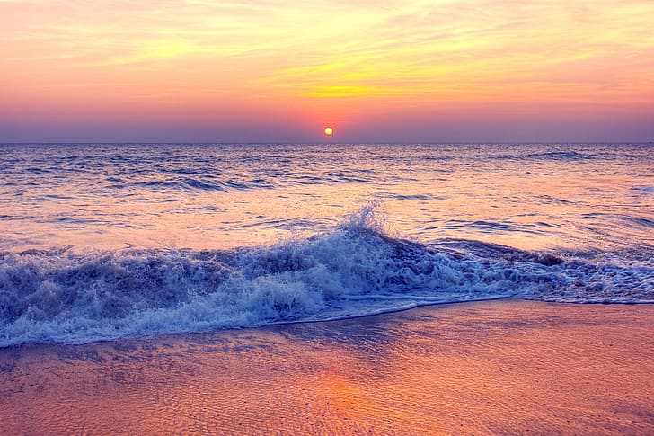 sabbia, mare, onda, spiaggia, estate, tramonto, rosa, paesaggio marino, bello, viola, Sfondo HD