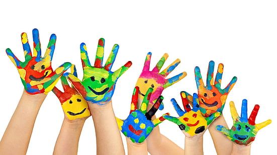 ręce dzieci z farbami, emotikony, dłonie, kolorowe, HD, Tapety HD HD wallpaper