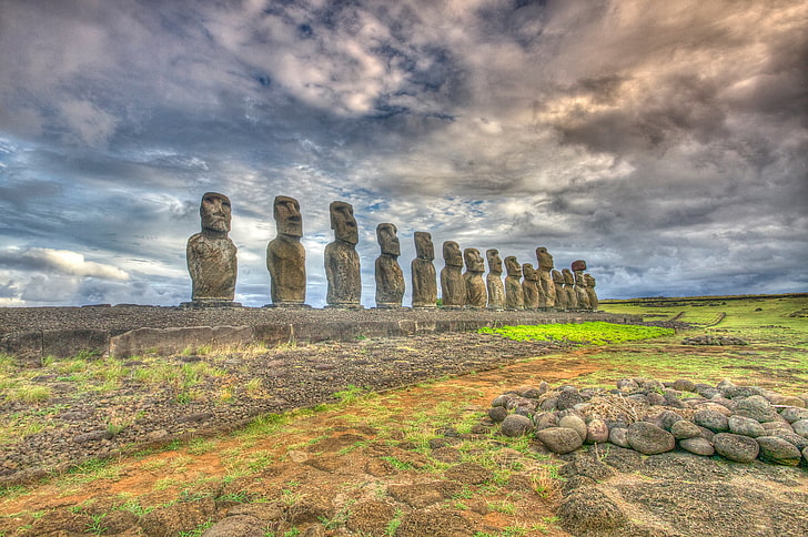 Moai doğu adası, gökyüzü, bulutlar, Paskalya adası, heykel, Şili, Rapa Nui, moai, HD masaüstü duvar kağıdı
