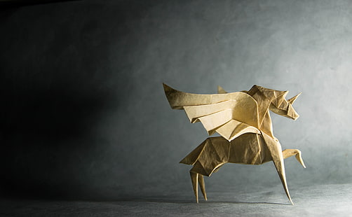 amarillo pegasus origami, papel, caballo, origami, Fondo de pantalla HD HD wallpaper