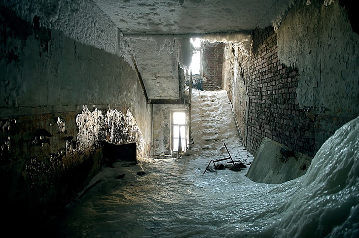 pedra cinza interior, gelo, escadas, dentro de casa, HD papel de parede