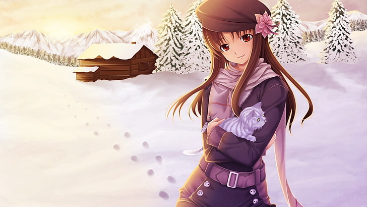 anime, anime girls, original characters, red eyes, snow, brunette, winter, Holo, Spice and Wolf, cat, hat, long hair, eyes, HD wallpaper