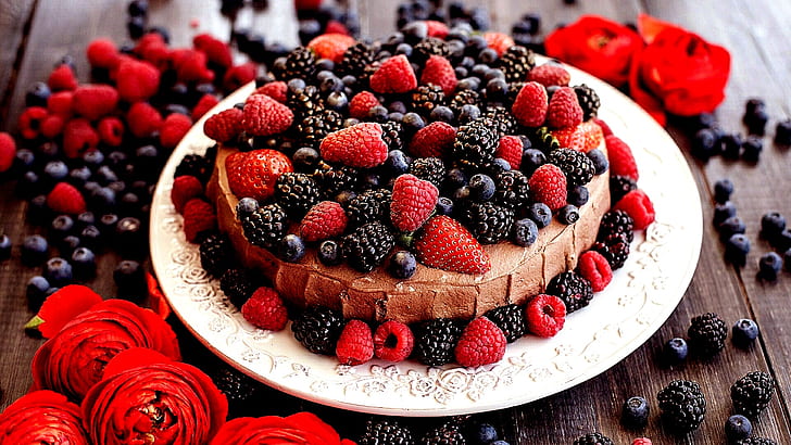 dessert, torta al cioccolato, torta, torta, bacche, mirtilli, torta di frutta, frutta, torta, lampone, condimenti, dolcezza, Sfondo HD