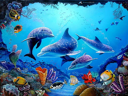 Animales, delfines, peces, mar, agua de mar, azul, arte digital, animales, delfines, peces, mar, agua de mar, azul, arte digital, Fondo de pantalla HD HD wallpaper